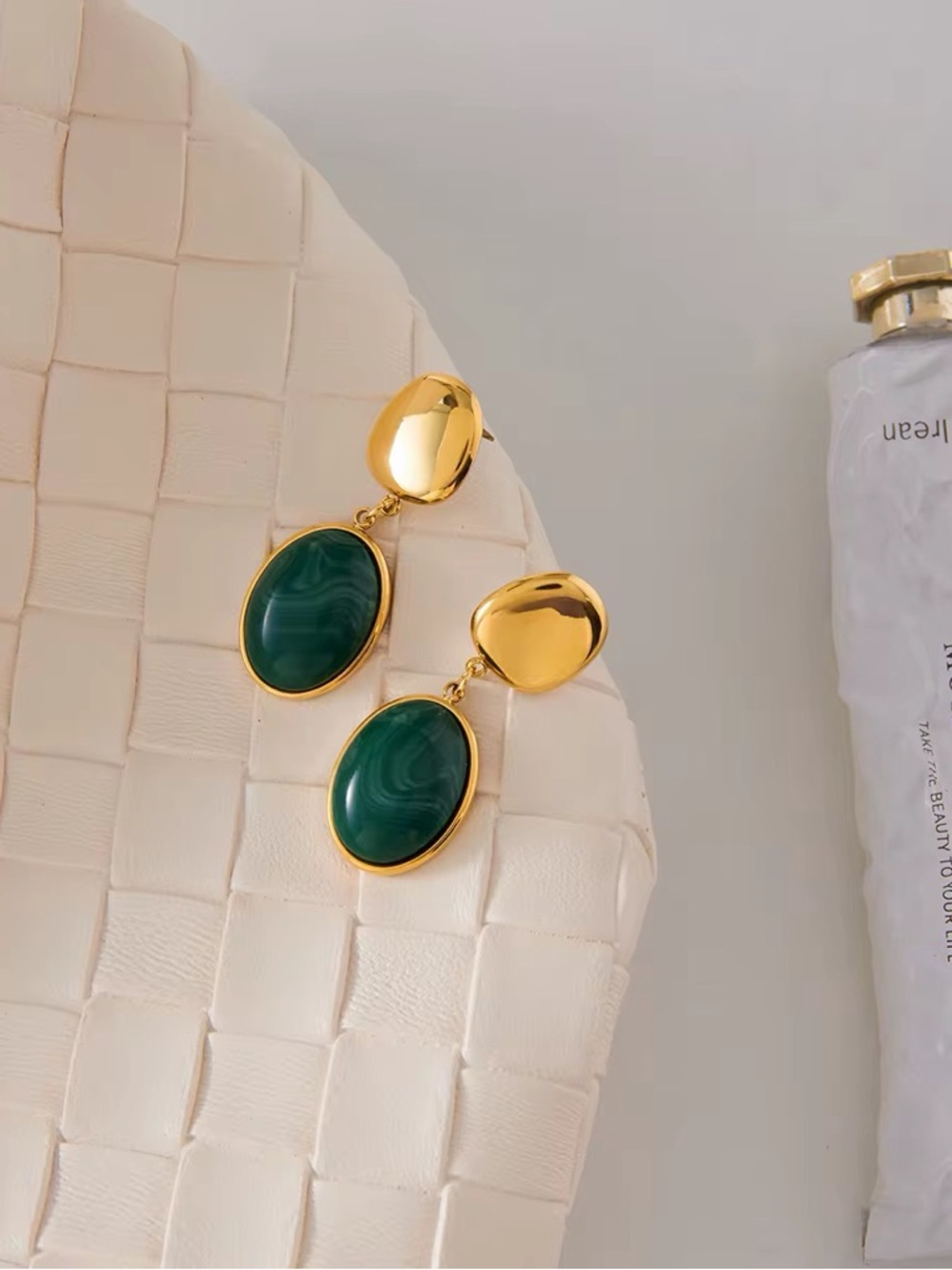 18K Gold Plated Vintage Inspired Green Oval Resin Drop Earrings